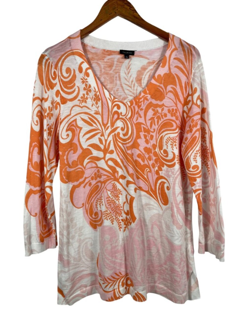Talbots Pink Orange Paisley Floral 100% Cotton Lightweight Sweater Tunic Top L - Picture 11 of 11